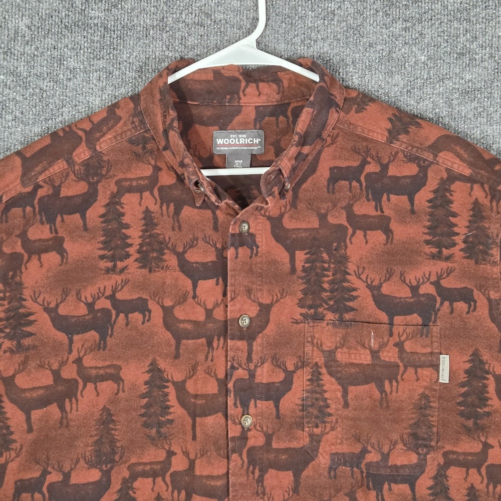 Woolrich Elk Deer Print Flannel Shirt Mens XLT Tall Rust Brown Hunting Outdoors